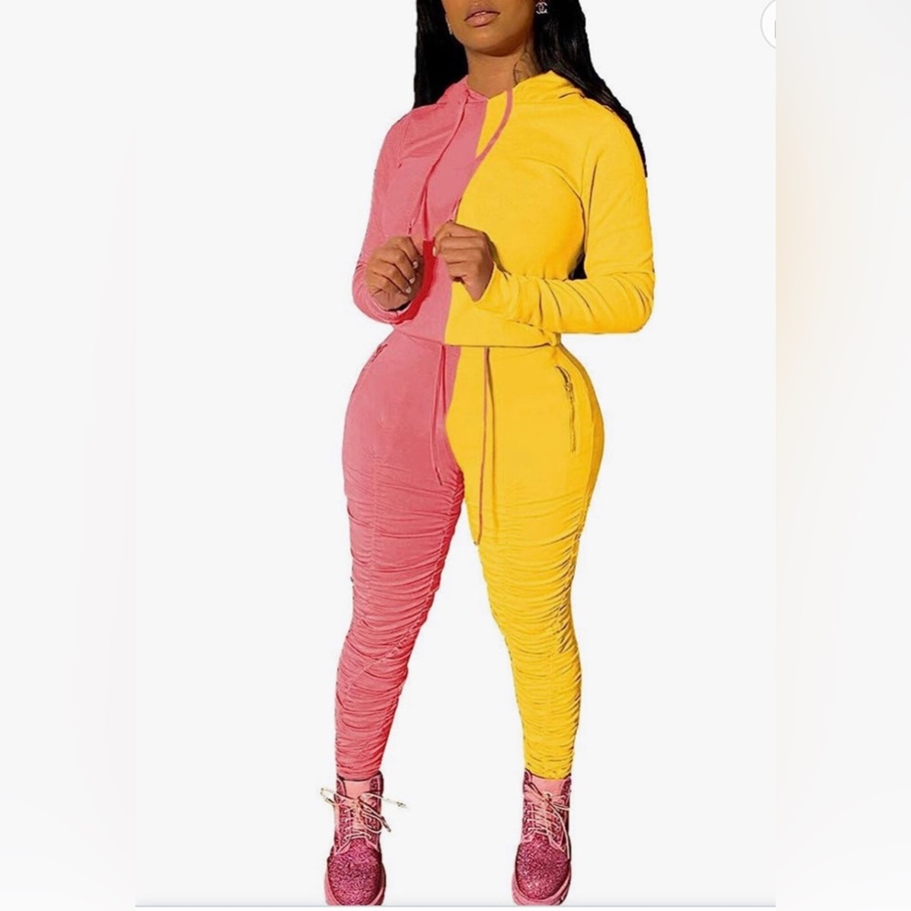 New - ColorBlock Pink & Yellow Stacked Pants and Long Sleeve Hoodie Top Set